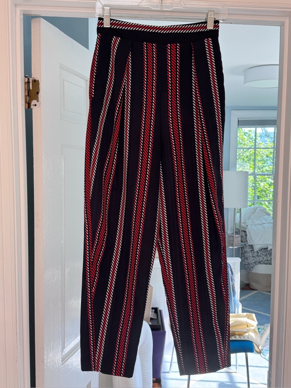 Zara Basic red, white and blue striped pleated high-waisted pants